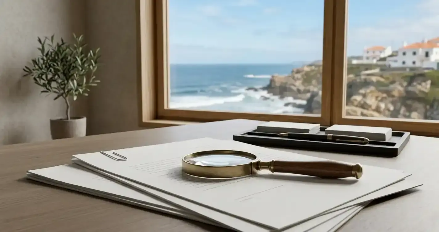 Documentos genéricos, lupa e elementos visuais inspirados em Portugal, sem selos oficiais nem logótipos