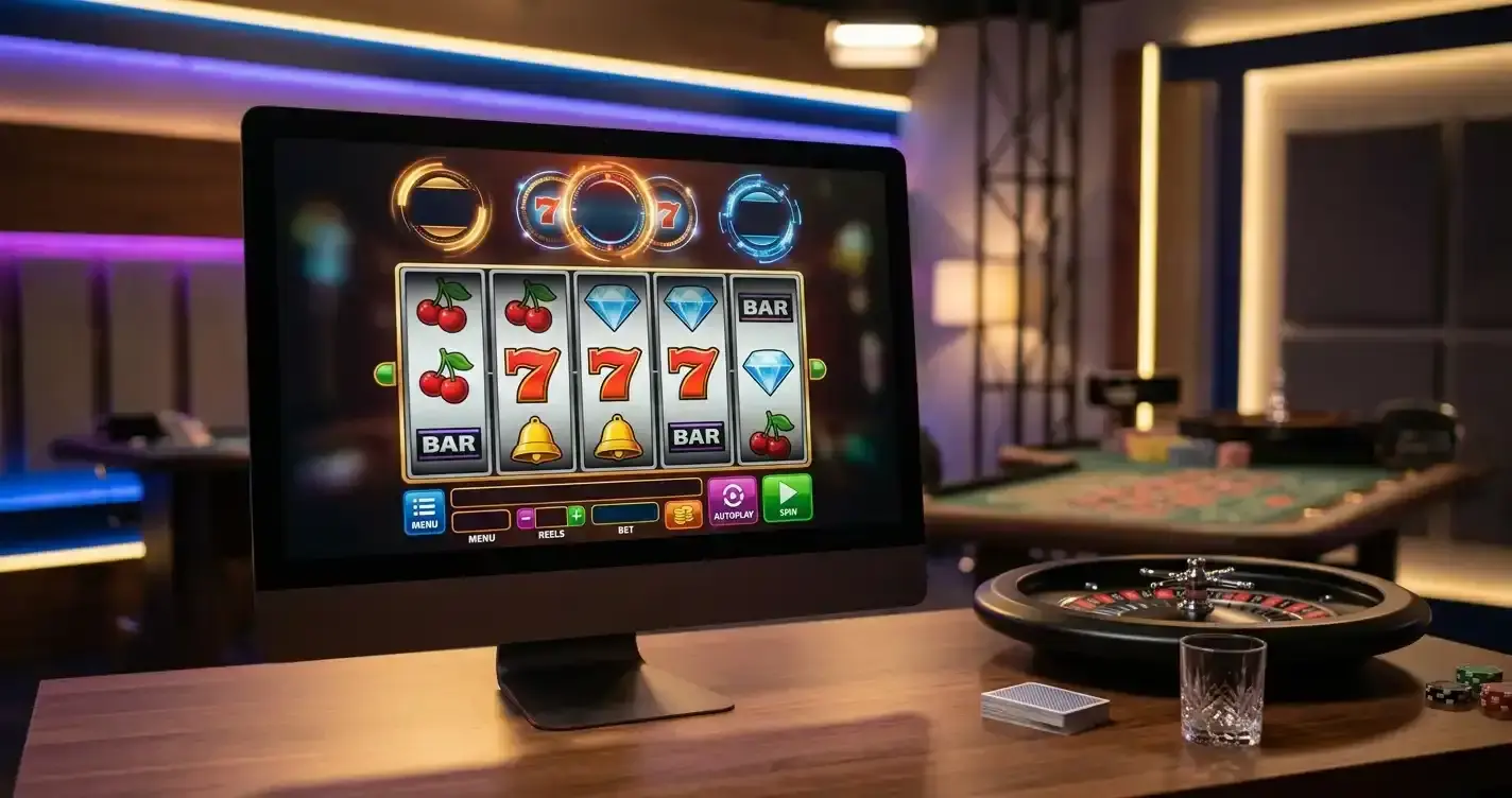 Ecrãs genéricos de slots, mesa de roleta e ambiente de casino ao vivo, sem logótipos ou texto legível