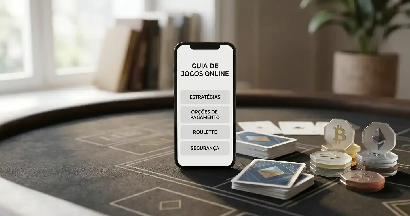 Mesa com cartas de jogo abstratas, smartphone e elementos de pagamento digitais