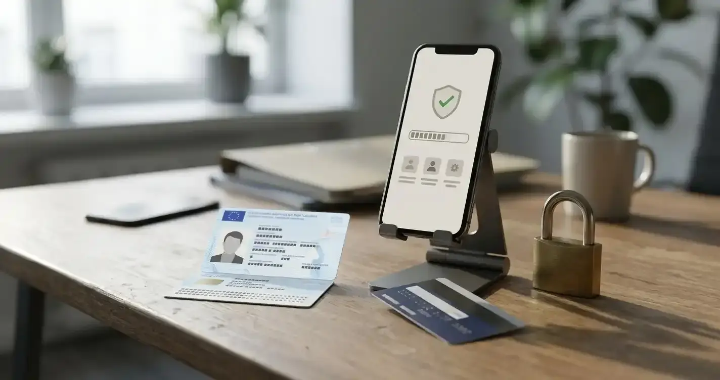 Secretária organizada com documento de identidade genérico, telemóvel e elementos de segurança digital sem dados pessoais legíveis