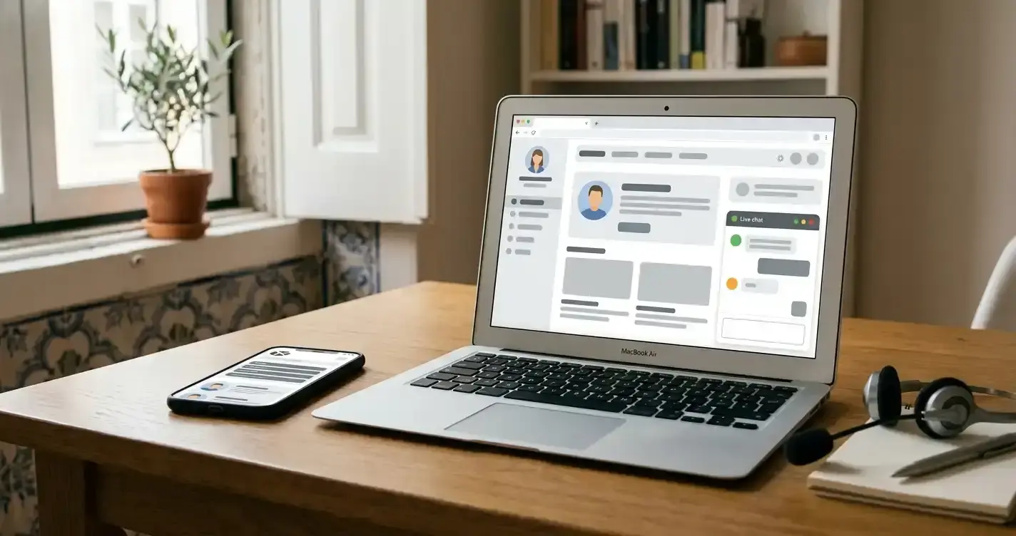 Telemóvel e portátil com interfaces genéricas de navegação e apoio, sem logótipos nem texto legível
